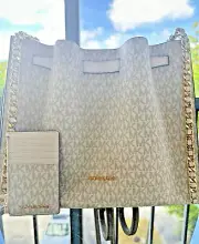Michael Kors Mina Large Belted Chain Shoulder Bag + Top Zip Card Case Wallet Set