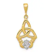 14k Yellow & Rhodium Gold Rhodium Diamond-cut Claddagh Pendant