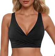 [Generisch] Women's Bikini Top V Neck Wrap Look Crossover Lace Up Bikini Top Large Breasts Push Up Sports Bikini Top Summer Beach Swimsuit Top