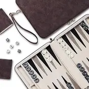 Backgammon Set, Deluxe Leather, Felt Interior, Classic Backgammon Board Game, Brown