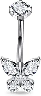 [Goerhsjie] F136 Titanium 14g 10/12/14mm Belly Button Rings Long Bar Butterfly Diamond Navel Piercing Jewelry Implant Grade for Healing