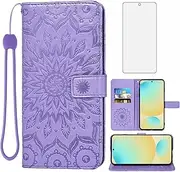 Asuwish Phone Case for Samsung Galaxy S24 FE 5G Wallet with Tempered Glass Screen Protector and Sunflower Leather Slim Flip Cover Card Holder Stand Cell Accessories S 24 EF S24FE 24S Women Purple