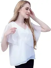 [ChillSabai] Women's Chiffon Nursing Blouse, Elegant Nursing Top with Flutter Sleeves and Zip, Skin-Friendly and Figure-Concealing, Pregnancy & Nursing Fashion for Summer/Winter, White, One Size