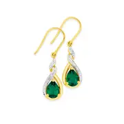 9ct Gold, Created Emerald & Diamond Drop Earrings in Green