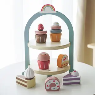 木製兒童仿真過家家 雙層甜品架積木 甜點點心臺玩具 糕點皇家下午茶玩具 廚房玩具