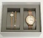 NEW FOSSIL 3 PC SET ROSE GOLD TONE,ROMAN #S,2 BRACELETS,CRYSTAL WATCH-BQ3078SET