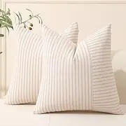 Hckot Khaki and Beige Patchwork Farmhouse Throw Pillow Covers 18 x 18 Inch, Pack of 2 Striped Linen Decorative Pillow Case for Sofa Couch Chair Bedroom Modern Decor(Khaki)