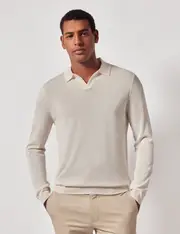 Hawes & Curtis Cream Open Collar Knitted Cotton Polo Shirt | Long Sleeve Size: XXL