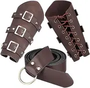 AGFELO Renaissance Accessories 3 Pcs Faux Leather Arm Guards Medieval Knight Ring Belt Adults Gauntlet Wristband for Halloween Cosplay Party Brown, Brown, adjustable