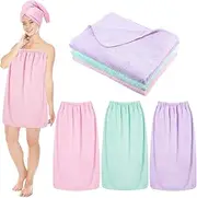 Cuffbow Bath Towel Wrap for Women Set Spa Shower Body Wraps Adjustable Closure Elastic Top Soft Robe with Microfiber Hair Drying Towel, Green, Pink, Purple