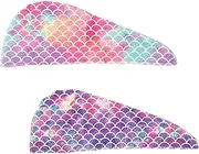 2 Pack Microfiber Hair Towel Wrap for Kids & Girls - Absorbent Quick Dry Hair Turban Drying Set - Twisty Anti Frizz Towel for Curly Long Thick Hair - Mermaid Design