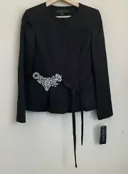 Anne Klein Black Jacket Rhinestone Design Front Pleats Buttons Tie Size 0 NEW