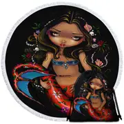 La Sirena the Big Eyed Mermaid with a Floral Tail Round Beach Towel