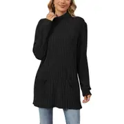Half High Collar Long Sleeve Pocket T-shirt Top - Black