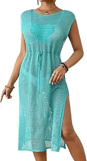 [Testudineus] Womens Swimwear Cover Up Crochet Hollow Out Bathing Suit Cover Up Bikini Sleeveless Side Split Long Beach Dress