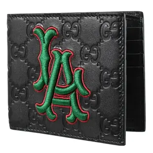 GUCCI LA Dodgers刺繡造型雙G LOGO牛皮八卡對開短夾(黑)