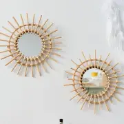 2 Pcs Set Handmade Rattan Round Wall Mirrors