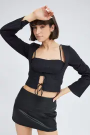 Black Top Set Long Sleeve Square Neck Cami Tie Front - Size 10, Women's Crop Top