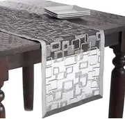 Fennco Styles Embroidered Geometric Sheer Table Runner 16" W x 72" L - Silver Table Cover for Home, Dining Room, Banquets, Christmas and Special Events