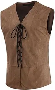 [BBYOUTH] Men's Medieval Sleeveless Cardigans, Lace Up V Neck Vests Casual Retro Viking Costume Scottish Renaissance Tee Shirt for Adults