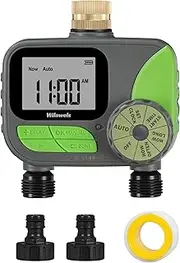 WILAWELS Brass Sprinkler Timer 2 Zone, Programmable Garden Water Timer, Automatic Irrigation with Rain Delay/Manual/Auto Mode, Waterproof and Leak-Proof, for Yard, Garden, Lawn, 2 Outlet B12WT06