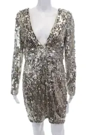 Aidan Aidan Mattox Womens Long Sleeve V Neck Sequined Dress Beige Silver Size 12