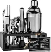 Black Cocktail Shaker Set with Stand - 15 Piece Bar Set Cocktail Shaker Set for Drink Mixing - Kit for Beginner Bartender - Martini Shaker, Jigger, Strainer, Mixer Spoon, Bottle Opener + Recipe Book