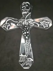 Vintage Silver Metal Cross to Hang WITH LEAVES GRAPES 11 x 9