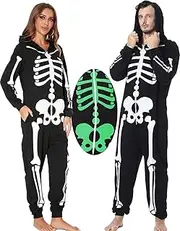 [GRAJTCIN] Skeleton Onesie Costume Adult Halloween Comfy Easy Glow in the Dark Skeleton Jumpsuit Hoodies Onesies