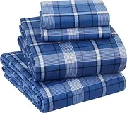 EnvioHome Bed Sheets 100% Cotton Flannel Sheet and Pillowcase Set Cozy and Warm Bedding Sheet Set - 3 Piece - Single, Dark Blue Plaid