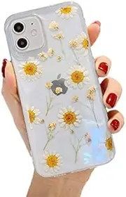 Emlivi iPhone Xs Case, iPhone X Protective Case Handmade Real Flower Silicone Transparent Crystal Mobile Phone Case Drop Protection TPU Case for Apple iPhone Xs (5.8 Inch) Case Cover, Small Daisy