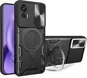 [XBS-Better] Hybrid Heavy Duty Bumper Cover with Slide Camera Lens Cover with Built-in 360° Flexible Rotate Holder Magnetic Plate Kickstand Case for Motorola Edge 30 Neo/30 Lite-Black