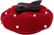 [Minkissy] Pearl Beret Octagonal Hat Men Beret French Beret for Men Vintage Autumn Casual Beret Hat Newsboy Hats for Women Octagonal Cap Beret Hat Men Beret for Women Acrylic Dark Red