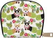 [JEJEA] Tropical Flower and Corgi Print Credit Card Holder Wallet, Small Card Holder Wallet with Zipper,Leather Card Holder, White, One Size