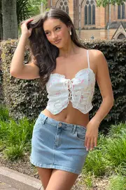 White Ditsy Cami Corset Top Sleeveless Lace Up - Size 14L, Women's Cami