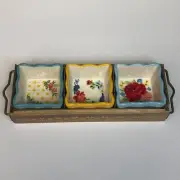 Pioneer Woman Floral Condiment Dish Set Mini Dip Square Bowls Acacia Wood Tray