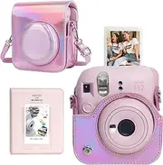 CAIYOULE Protective Camera Case for Instax Mini 12 Instant Camera Fuji Mini 12 Case PU Leather Carrying Bag with Adjustable Shoulder Strap & 64 Pockets Photo Album - Shiny Pink