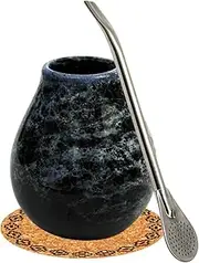 Gaucho Yerba Mate Tea Calabash Set, Mate Tea Cup, Marmol Blue, 350 ml, Ceramic Cup, Stainless Steel Drinking Straw, Bombilla 19 cm, Mate Drinking Vessel with Straw, Cork Pad