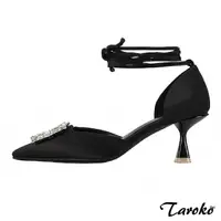 在飛比找momo購物網優惠-【Taroko】性感黑水鑽尖頭綁帶細高跟涼鞋(黑色)