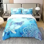 Castle Fairy 100% Nature Cotton Sea Turtle Duvet Cover Full Size for Teens Youth,Wild Flowers Mandala Comforter Cover with Zipper Closure,Neon Blue Tie Dye All Season Super Soft Bedding Bedroom Decor