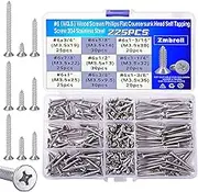 Zmbroll M3.5 Wood Screws 225Pcs #6 Self Tapping Screw Phillips Flat Head Metal Drywall Screws 304 Stainless Steel 9 Sizes Cross Countersunk Sheet Metal Screws Assortment for Wood Plastic