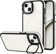 GUAGUA for iPhone 14 Case/iPhone 13 Case, MagSafe Leather Case with Stand, Built-in Camera Stash Stand, Military-Grade Protection, Magnetic Hard PC Backboard Interlayer with Soft Edge, White