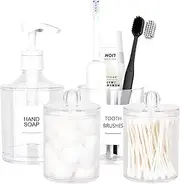 Acrylic Bathroom Accessories Set, 14 Oz Clear Plastic Hand Soap Dispenser with Pump, Toothbrush Holder, 8 Oz Qtip Holder Jar Containers for Cotton Swabs, Balls, Floss, Bath Vanity Organizer Storage