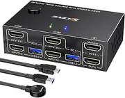 HDMI KVM Switch 2 Monitors 2 Computers 4K@60Hz, Camgeet USB3.0 KVM Switch Dual Monitor for 2 Computers Share 2 Monitors and 4 USB 3.0 Devices, Simulation EDID, Wired Remote and Cables Included
