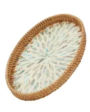 Rattan Serving Tray with Mother of Pearl Inlay for Home Decor and Coffee Tabl...