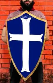 Medieval Knight Cross Heater Shield Crusader Blue & White Warrior Shield LARP