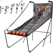 Foldable Basketball Arcade Game, Dual Hoop Basketball Shootout Game with 8 Game Modes, 4 Basketballs, LED Scoreboard & Sound Effect, Electronic Basketball Shooting Machine for Indoor Outdoor
