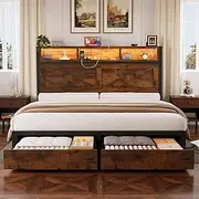Incyneva Farmhouse Full Bed Frame with Bookcase Storage Headboard, Charging Station, LED Light and 2 Storage Drawers, Noise Free, No Box Spring Needed, Brown