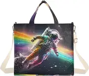 [XYMZR] Corduroy Tote Bag Rainbow Astronaut Space for Women Large Shoulder Bag with Pockets for Beach Work Travel Shopping S