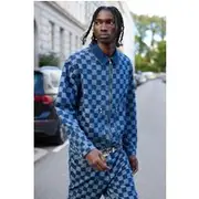 Mens Indigo Relaxed Jacquard Checkerboard Trucker Denim Jacket
